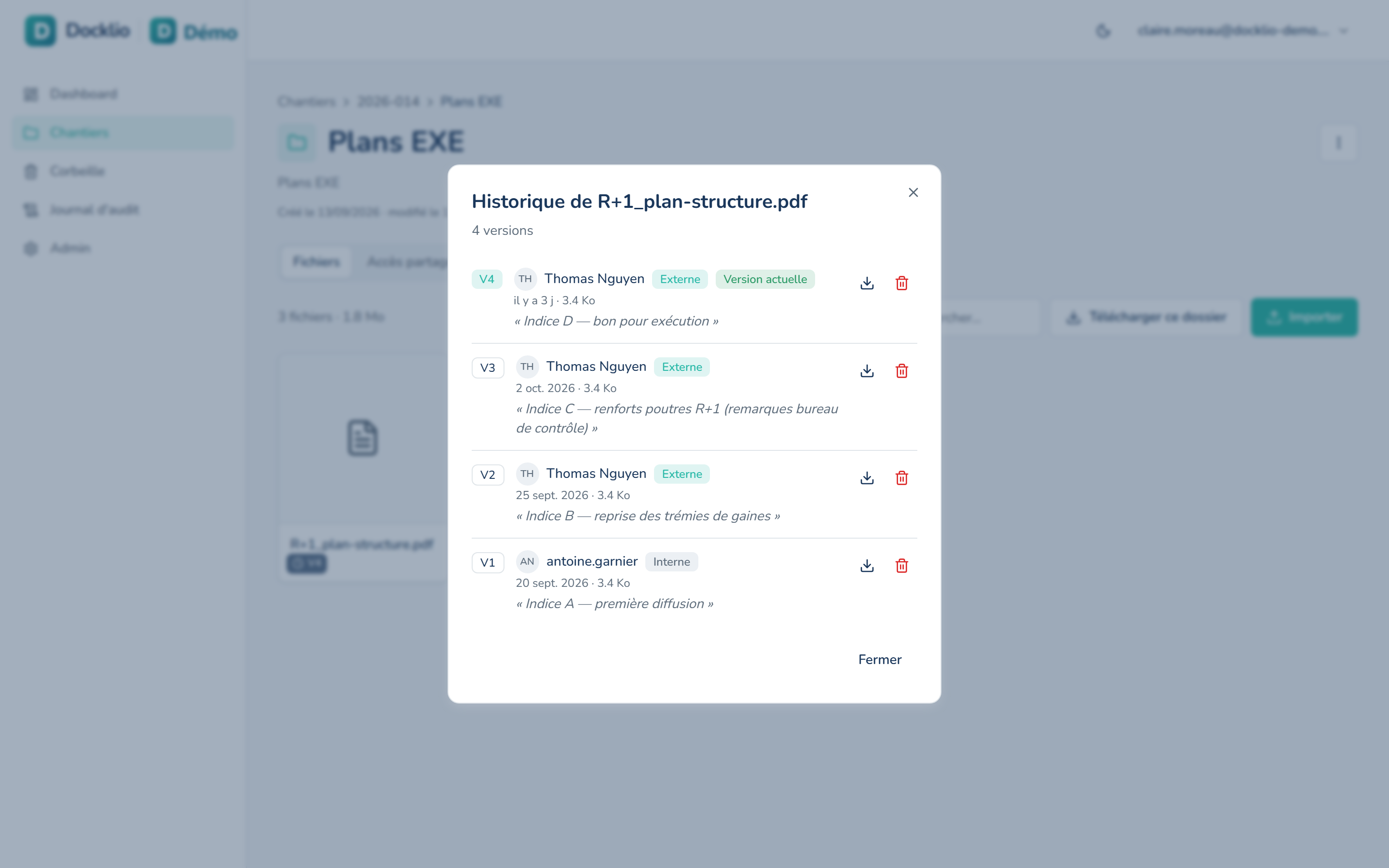 Historique des versions d'un plan de structure : quatre indices successifs, de A à D, avec leur date et leur commentaire.