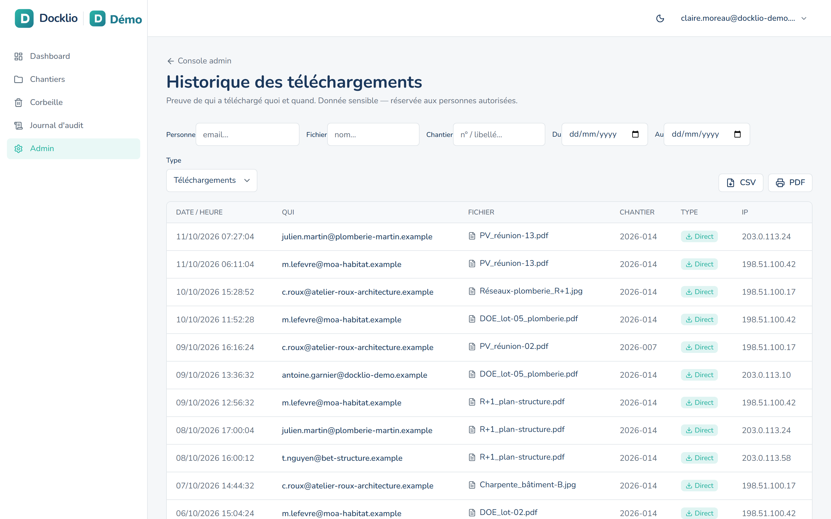 Historique des téléchargements : pour chaque fichier, l'intervenant, la date et l'heure, le chantier et l'adresse IP de connexion.