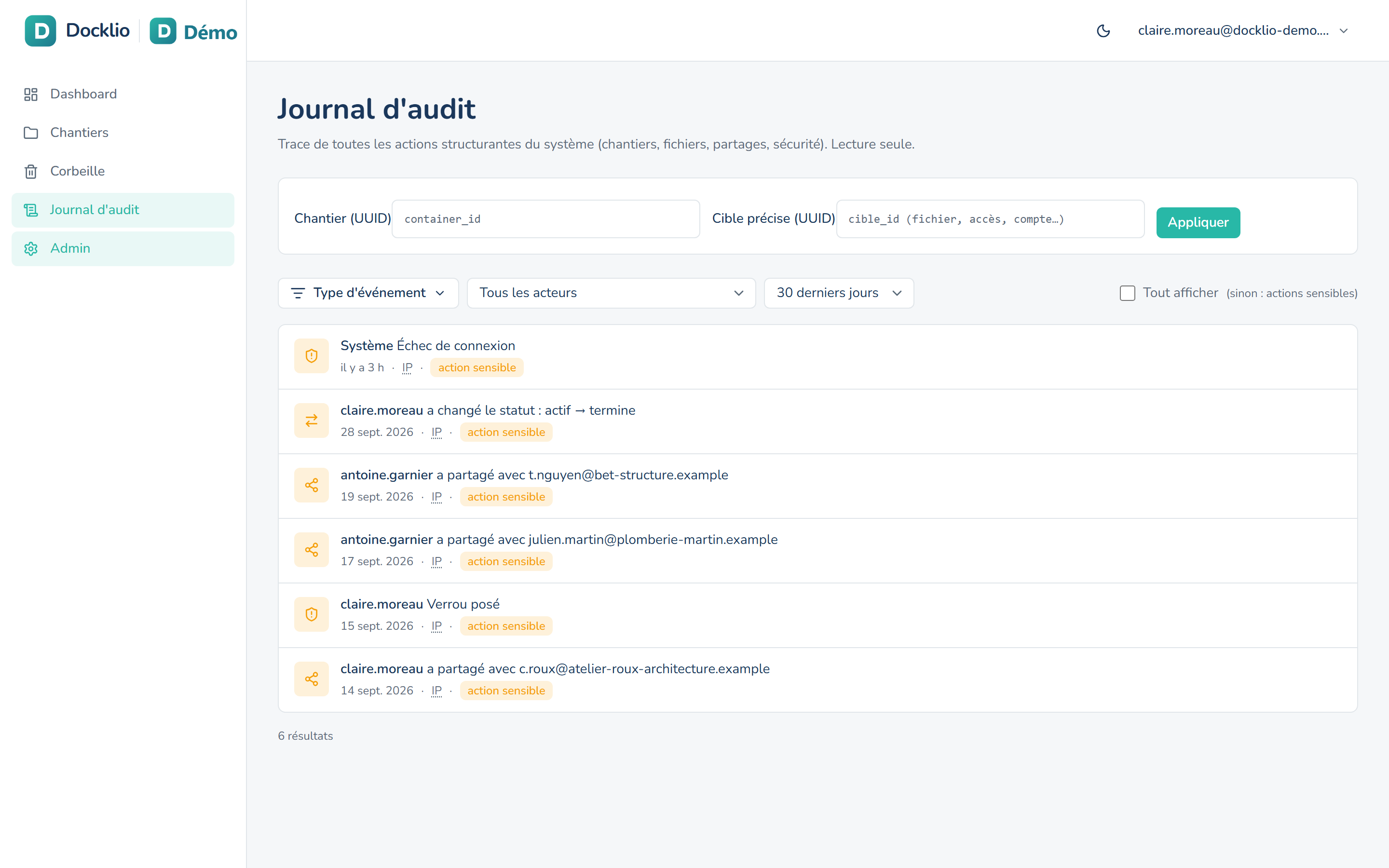 Journal d'audit : actions sensibles horodatées, comme les partages, les changements de droits, la pose d'un verrou ou un changement de statut.
